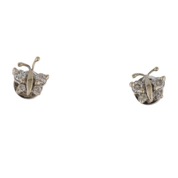DIAMOND BUTTERFLY EARRINGS 14K WHITE GOLD STUD 8 STONES DAINTY DETAILED ANTENNAE - Picture 9 of 10